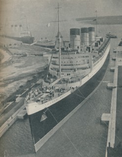 'Arrival of RMS Cunard White Star liner Queen Mary in King George V Graving Dock', 1936. Artist: Unknown.