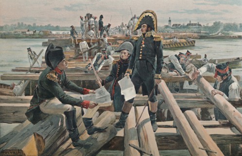 'Building the Bridge at the Island of Lobau', 1809, (1896). Artist: Unknown.