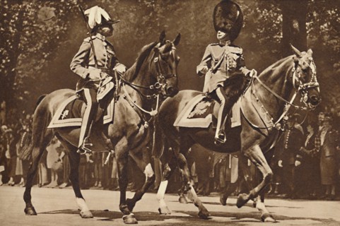 'King Edward at the head of the Brigade of Guards, turns, unperturbed, to make inquiry after revolve Creator: Unknown.