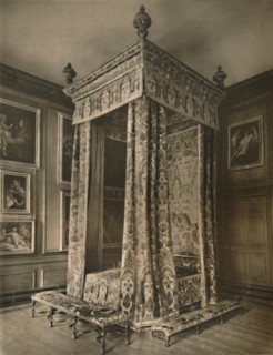 'Queen Anne's State Bedstead in Crimson and Gold Figured Velvet', 1927. Artists: Edward F Strange, Unknown.