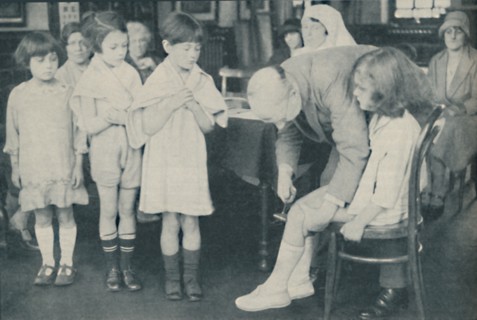 ' Testing the patella reflex for indication of nervous disease', c1935. Artist: Unknown.