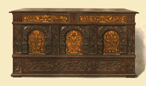 Oak inlaid chest, 1904. Artist: Shirley Slocombe.