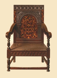 Oak inlaid chair, 1904. Artist: Shirley Slocombe.