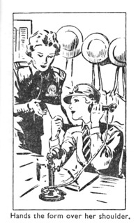 'Hands the form over her shoulder', 1940. Artist: Unknown.