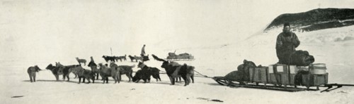 'Meares and Demetri with Their Dog Teams Leaving Hut Point', c1911, (1913). Artist: Herbert Ponting.