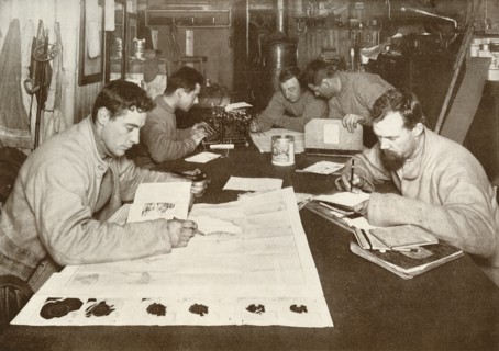 'Winter Work (Left to right - Debenham, Cherry-Garrard, Bowers, Evans, Taylor)', c1911, (1913). Artist: Herbert Ponting.
