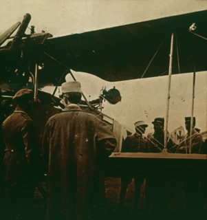 Machine gun mounted on a biplane, exhaust towards the top, c1914-c1918. Artist: Unknown.