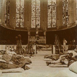 Makeshift barracks in a church, Marne, northern France, 1914.  Artist: Unknown.
