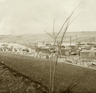 Column of trucks on the Voie Sacrée, Verdun, northern France, c1914-c1918.  Artist: Unknown.