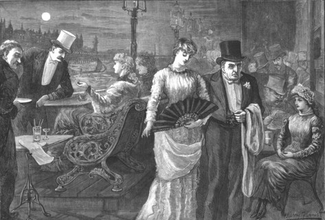 A Midsummer Night on the Terrace of the House of Commons, Palace of Westminster, 1881. Artist: Swain.