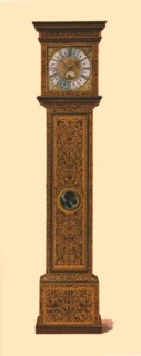 Clock inlaid with dark marquetry, 1905. Artist: Shirley Slocombe.
