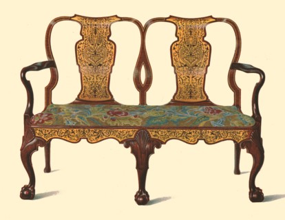 Walnut settee inlaid with marquetry, 1905. Artist: Shirley Slocombe.