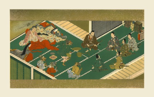 Raiko and his comrades before the demon robber, 17th century, (1886).  Artist: Unknown.