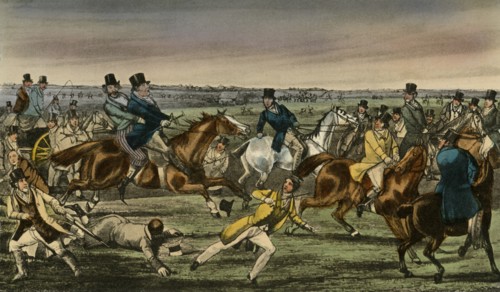 'Mr. Jorrocks makes his Entrée into the Newmarket Betting-ring', 1838. Artist: Henry Thomas Alken.