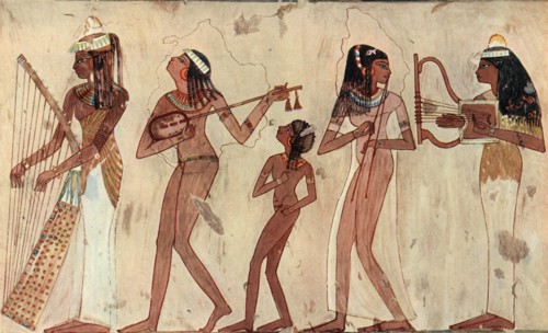 'Egyptian arched harp, lute, double oboe and lyre; tomb painting in Veset (Thebes) c.1420-1411 B.C.' Artist: Unknown.