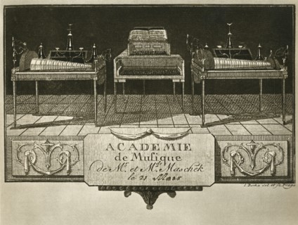 'Glass harmonicas and keyboard chimes; engraving from the first half of the nineteenth century, on a Artist: Unknown.