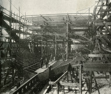 'The Building of a War-Ship: A First-Class Cruiser in Progress at the Thames Ironworks', (c1897). Artist: E&S Woodbury.