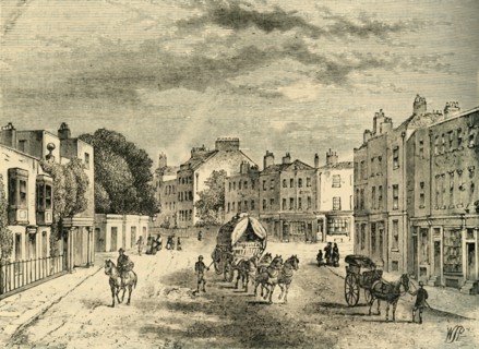 'The Old village of Vauxhall, with Entrance to the Gardens, in 1825', (c1878). Creator: Unknown.