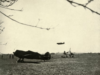 'Morane 406 at Vassincourt Aerodrome with French Curtiss Hawk and  Hurricane', 1939-1940, (1941). Creator: Unknown.