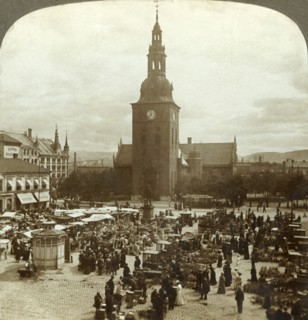'The "Great Market" around statue Christian IV, Christiania, Norway', c1905. Creator: Unknown.