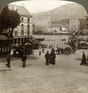 'Picturesque old fortress (Bergenhus), from a square in modern town, Bergen, Norway', 1905. Creator: Unknown.