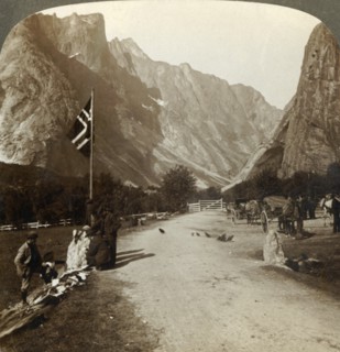 'Ragged range of the Troldtinder or Witch Pinnacles from valley road, Horgheim, Norway', c1905.  Creator: Unknown.