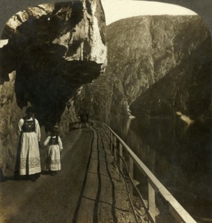 'Narrow rock-shelf where the road to Voring Falls past Lake Oifjord's deep waters, Norway', c1905. Creator: Unknown.