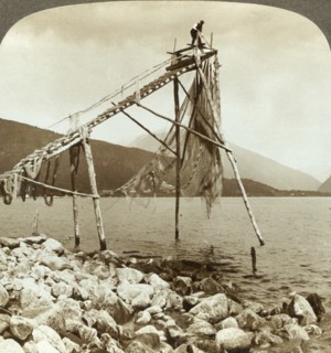 'Fisherman arranging salmon nets at Balestrand on Sognefjord - Balholm in distance, Norway', c1905. Creator: Unknown.