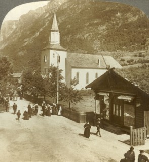 'Families and neighbors on a summer Sunday morning at village church, Odde, Norway', c1905. Creator: Unknown.
