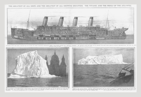 Sectional diagram of the 'Titanic', and icebergs, April 20, 1912. Creator: Unknown.