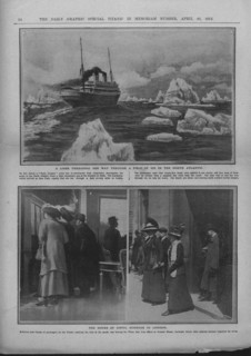 Liner in a field of ice, and people waiting for news of the 'Titanic' disaster, April 20, 1912.  Creator: Unknown.