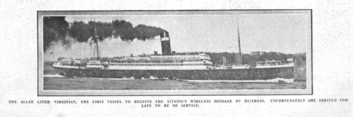 'The Allan Liner Virginian, the First Vessel to Receive the Wireless Message...', April 20, 1912. Creator: Unknown.