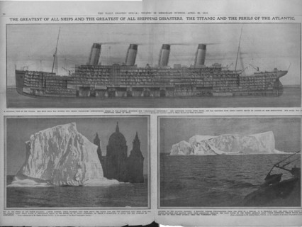 Sectional diagram of the 'Titanic', and icebergs, April 20, 1912. Creator: Unknown.
