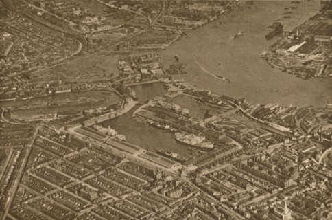 'The Three Basins of the East India Docks and the Blackwall Reach of the Thames Seen From The Air',  Creator: Aerofilms.