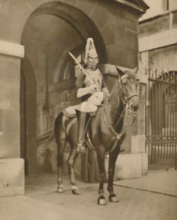'A Living Statue in Whitehall: The Lifeguards' Sentry', c1935. Creator: Unknown.