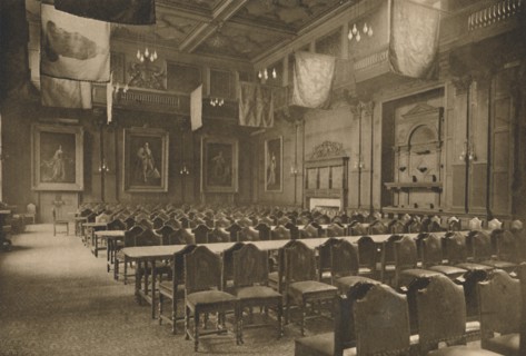 'Flag-Hung Great Hall in Which the Powerful Company of Grocers Holds Its Banquets', c1935. Creator: Unknown.