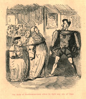 'The Duke of Northumberland offers to fight any one of them', 1897. Creator: John Leech.