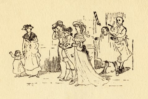 Bystanders watch as John Gilpin gallops past, 1878, (c1918). Creator: Randolph Caldecott.