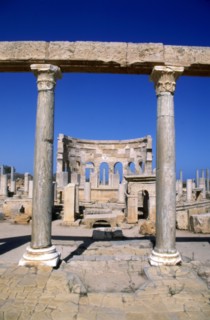 The Market, Leptis Magna, Libya, c3rd century AD. Pillars in the ancient Roman city.
