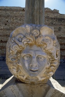 Head of Medusa in the Severan forum of the ancient Roman city of Leptis Magna, Libya.