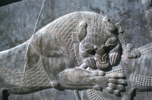 Detail from a relief of a lion attacking a bull, the Apadana, Persepolis, Iran