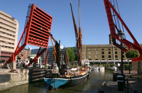 Barge passing through St Katherine's Lock, London