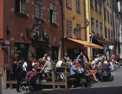 Café and colourful houses, Stortorget Square, Stockholm, Sweden