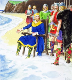 King Canute failing to hold back the waves, early 11th century (c1900). Artist: Trelleek