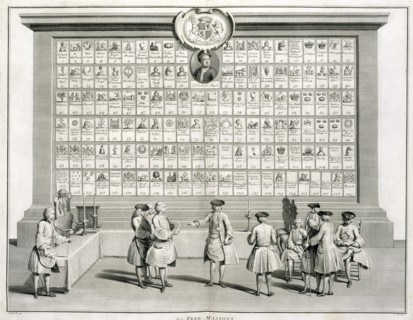Freemasons, with signs for the various lodges, c1733. Artist: Unknown