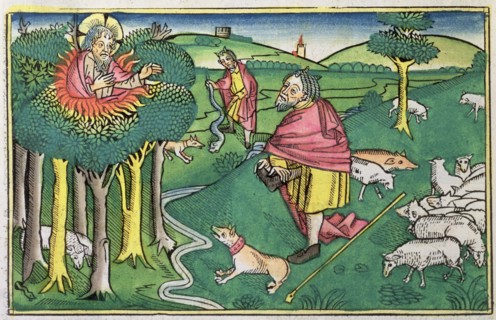 Exodus 3:1-22 and 4:1-4: the burning bush amd God arming Moses with the miraculous rod. Artist: Unknown