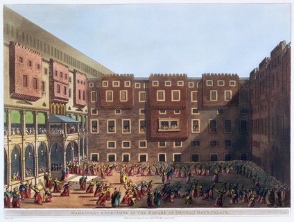 'Mamelukes Exercising in the Square of Mourad Bey's Palace', Cairo, Egypt, 1802. Artist: Thomas Milton