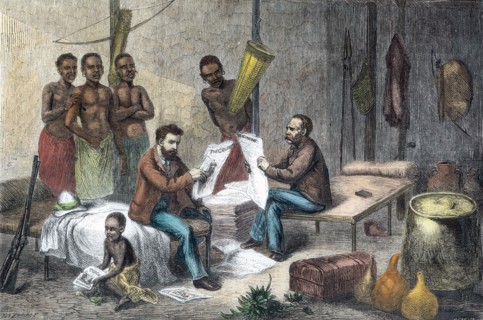 Livingstone and Stanley receiving newspapers in Central Africa, 1871-1873. Artist: Pearson