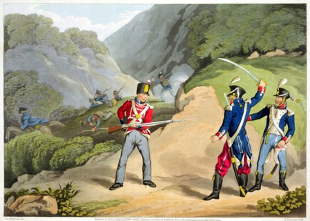 'A British soldier Taking Two French Officers at the Battle of the Pyrenees', 1813 (1816). Artist: Matthew Dubourg