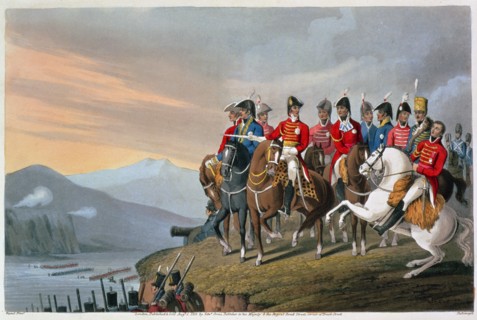 'The Duke of Wellington and his Staff Crossing the Bidassoa and Entering France', 1813 (1816). Artist: Matthew Dubourg